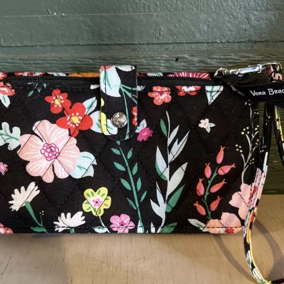 Vera Bradley Accordian Wallet Black Base With Pink And Red Flowers - Picture 2 of 3